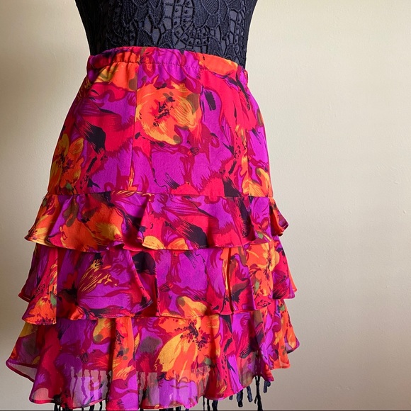 Vintage '90s Graphic Floral Silk Flower Print Ruffle Skirt Zip Elastic Waistband - Picture 5 of 5
